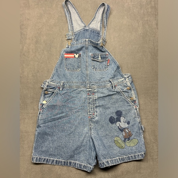 Mickey Mouse Denim Overall Bib Shorts Sz L USA Theme Blue Big Mickey Graphic - Picture 1 of 16